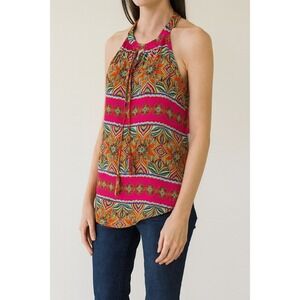 Rose Olive Boho Tank Top Sleeveless Paisley Print Pink Orange Small S